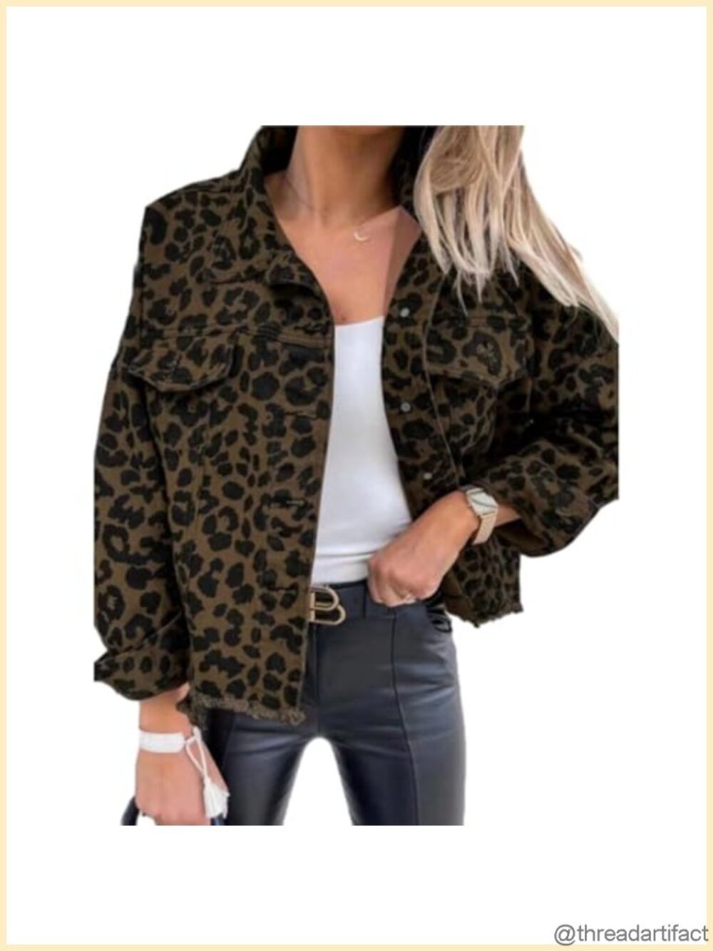 Leopard Print Cropped Denim Jacket Long Sleeve Button Down Boyfriend Jean Jacket